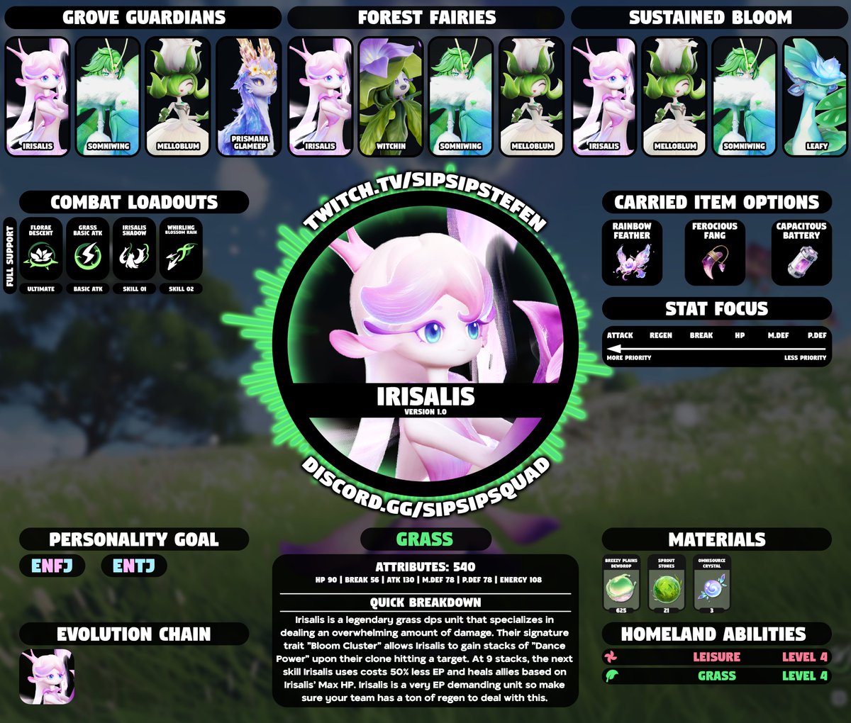 SipSipStefen's tweet photo. 🌷UPDATED IRISALIS GUIDE🌷
The legendary Irisalis is now available, so make sure you're using her best teams to boost her insane grass damage potential! 
#Aniimo #Irisalis https://t.co/RzEJJLciAN