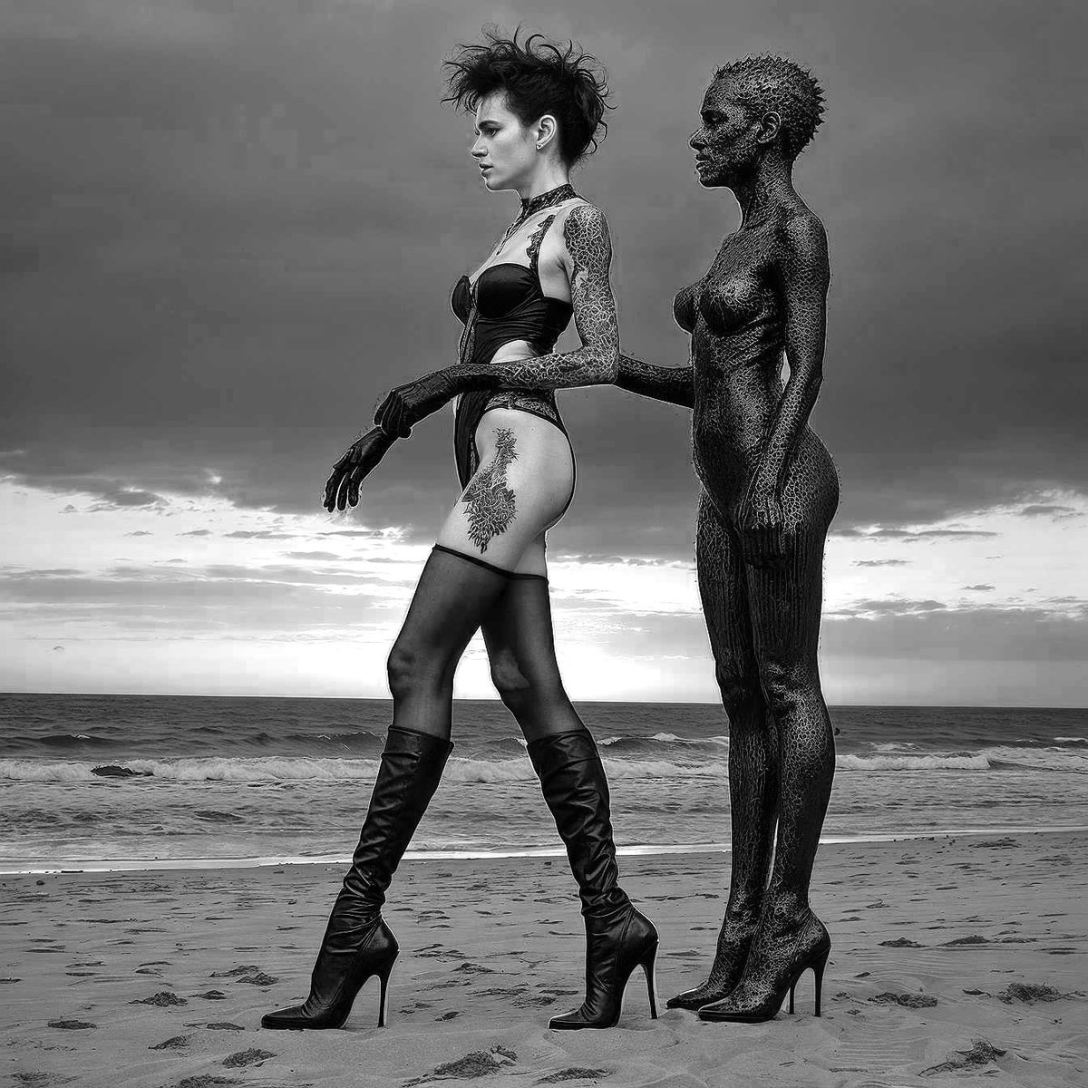 ThuysArt's tweet photo. #gothicbeach #digitalart #synthart #goth #stockings #thighhighs #fetish #boots #beach #blackandwhite #heels #tattoos #btk #kneeboots https://t.co/BQjDLYGmky