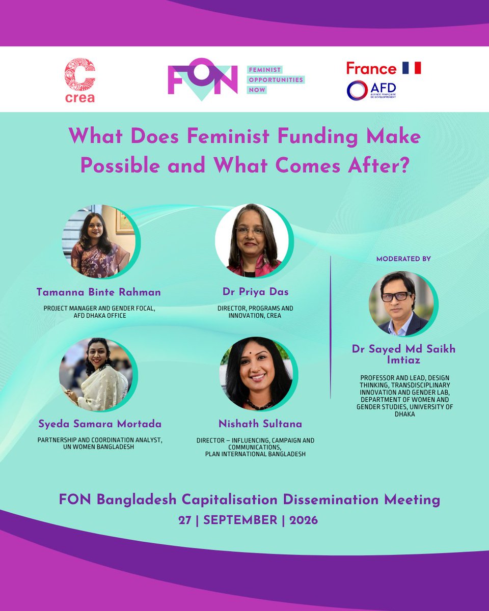 ThinkCREA's tweet photo. Flexible. Feminist. What comes next?

On 27th September, voices come together at the FON Bangladesh Capitalisation Dissemination Meeting to explore what feminist funding truly makes possible and what sustaining feminist civil society beyond project cycles requires.

#thinkCREA https://t.co/yAWzzgv2Xc