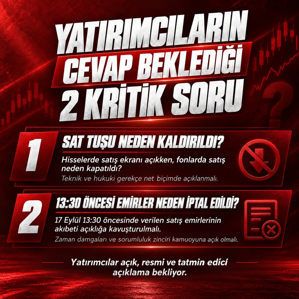 FonMagdur01's tweet photo. Yatırımcıların yanıt beklediği 2 kritik soru:

❓ Hisselerde satış açıkken fonlarda satış neden durduruldu?
❓ 17 Eylül 13:30 öncesi emirlerin akıbeti neden açıklanmadı?

Yatırımcılar şeffaf ve net bir açıklama bekliyor.

#TeraMağdurlarıÇözümBekliyor https://t.co/8dphnV9k17