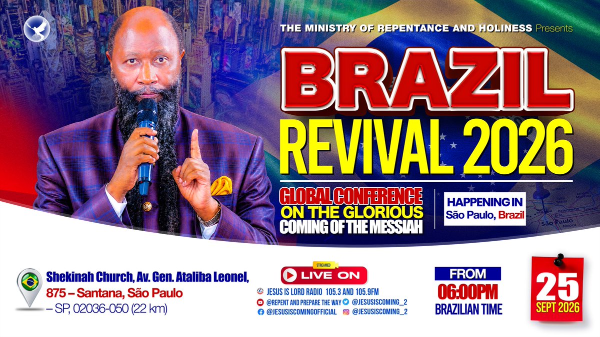 RepentanceNews's tweet photo. GLOBAL ALERT 🚨

Coming up tonight is a Mega Global conference on the glorious coming of the Messiah presided over by THE MEGA PROPHET OF THE LORD, Dr. Owuor 

Live from São Paulo, Brazil 🇧🇷

Stay tuned! https://t.co/xkCELqC8Si