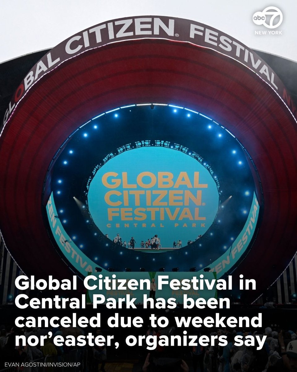 ABC7NY's tweet photo. Due to the extreme weather forecast for New York City this weekend, Global Citizen Festival in Central Park has been canceled.
Organizers said that if you purchased tickets to the Festival, refunds will be processed automatically. https://t.co/LAPW6N0npA