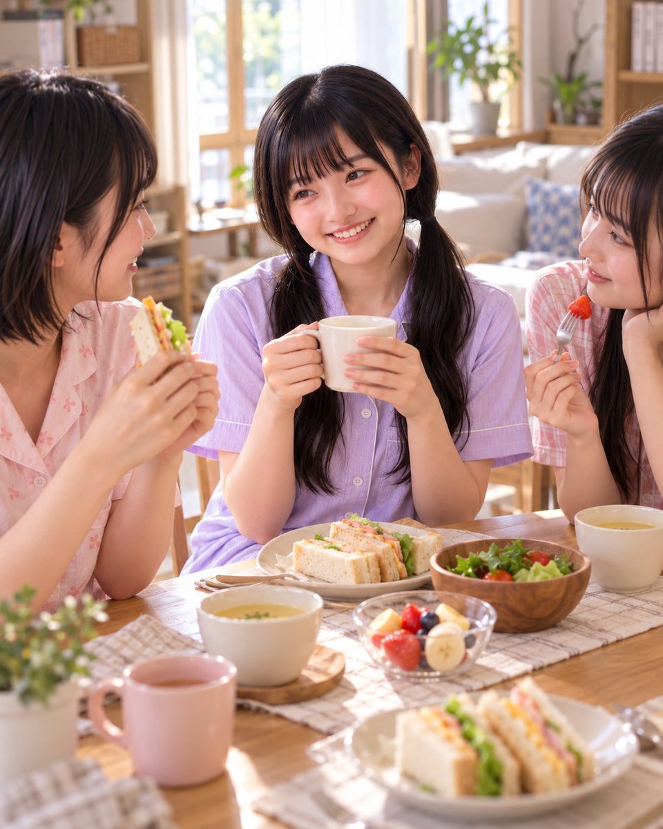 amamiya_tsumugi's tweet photo. お昼になって、やっと目が覚めてきました〜！😊

みんなで軽めのお昼ごはんを食べながら、
昨日のお月見の話をしてました🍽️

楽しかったことを思い出してたら、
また笑っちゃいました😂

もう少しだけ、
友達の家でのんびりしていきます〜！ https://t.co/UrQWm7WXul
