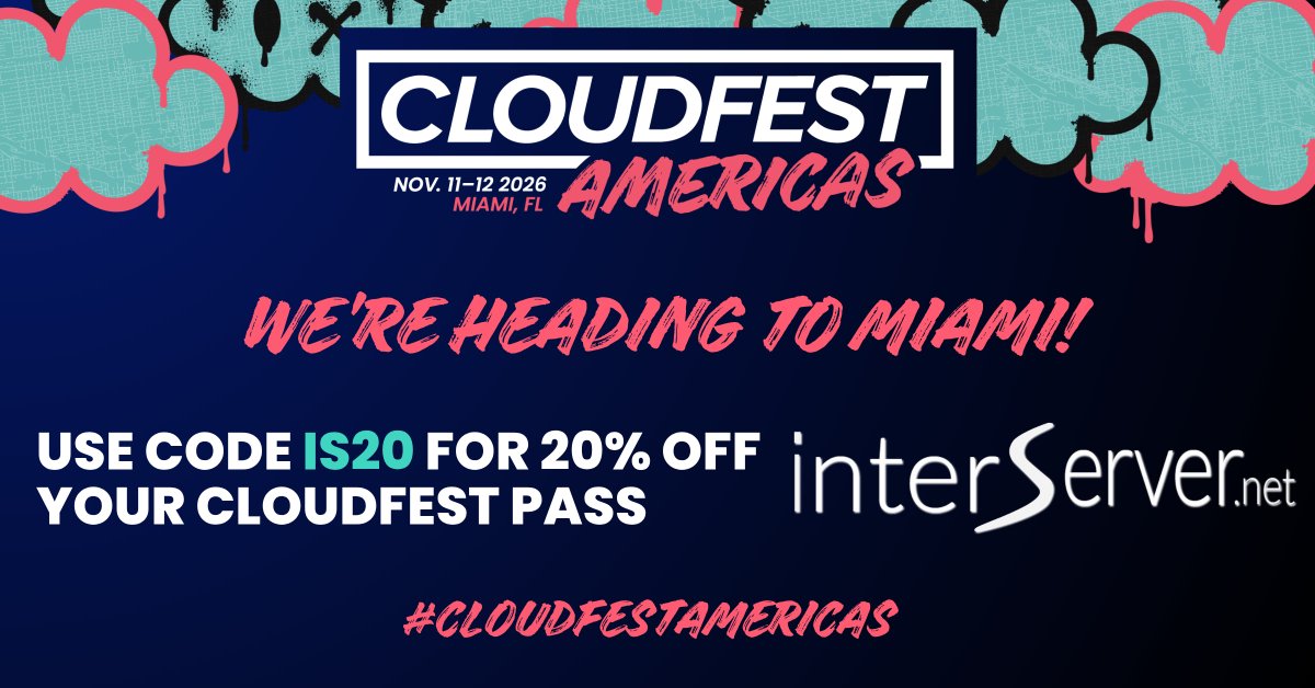 interserver's tweet photo. Miami, here we come! 🌴☁️

InterServer is heading to CloudFest Americas 2026 in Miami, November 11–12. We’re looking forward to connecting with the cloud, hosting, and infrastructure community—and seeing some familiar faces along the way.

Want to join us? Use code IS20 for 20% off your CloudFest pass.

See you in Miami! 🚀

#CloudFestAmericas #CloudFest #InterServer #CloudHosting #WebHosting #DataCenter #CloudComputing #Infrastructure #Miami