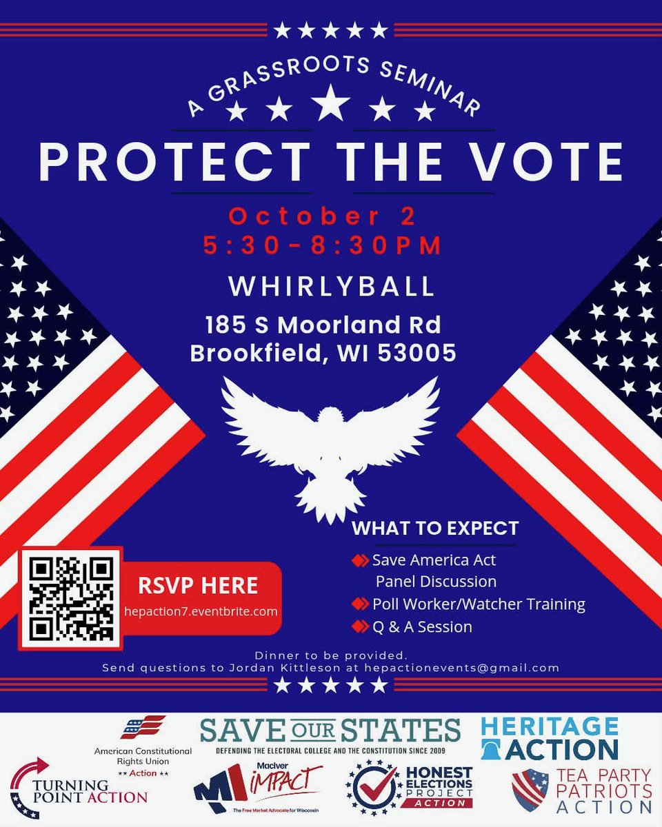 maciverimpact's tweet photo. Help protect Wisconsin’s election integrity on October 2nd!

Sign up for the "Protect the Vote" grassroots seminar and dinner in Brookfield, featuring a poll worker and watcher training, a panel discussion on the SAVE America Act, and a Q&amp;A session. https://t.co/Av1c4mLLy0