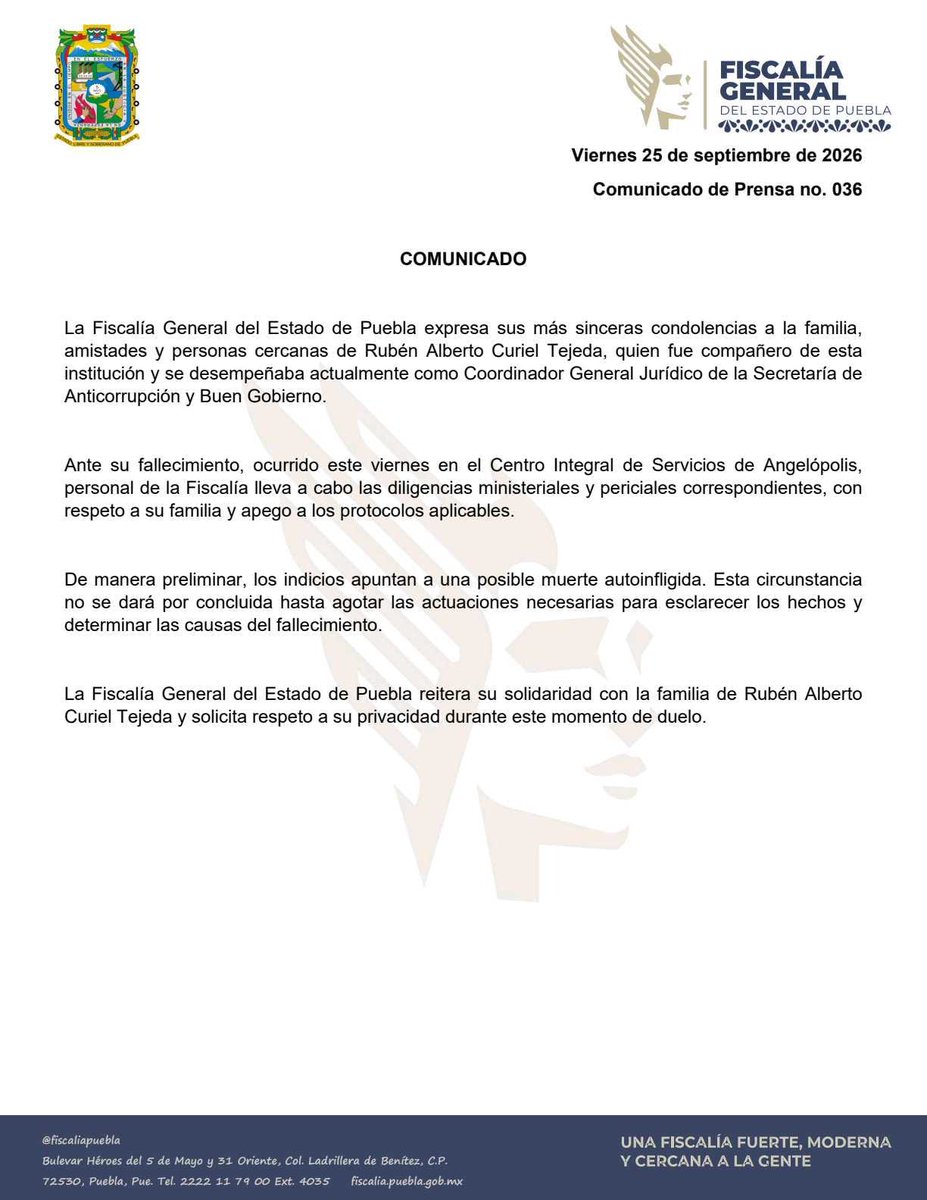 FiscaliaPuebla's tweet photo. #COMUNICADO | La Fiscalía General del Estado de Puebla expresa sus condolencias a familiares y seres queridos de Rubén Alberto Curiel Tejeda, excompañero de esta institución. https://t.co/XS7PU98ldW