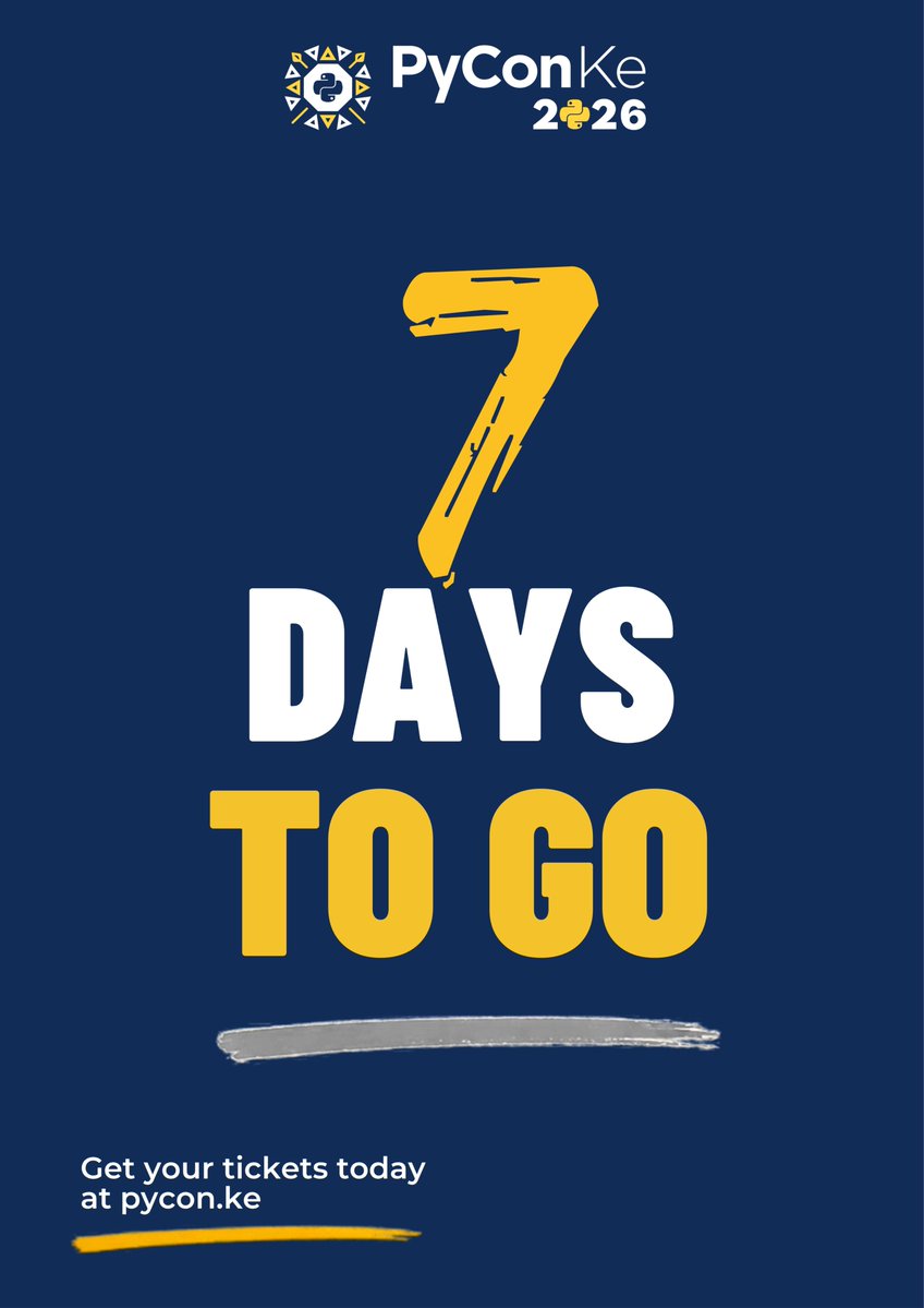 PyconKenya's tweet photo. One week to PyCon Kenya 2026! π
Make plans for Python talks, workshops and community. Nairobi, 2β3 October.
ποΈ Tickets: https://t.co/YvhMTH12Lr
π Student: https://t.co/0OoDBdTfIH
#PyConKE2026 #PyConKenya #Python https://t.co/zcEYKPoZUI