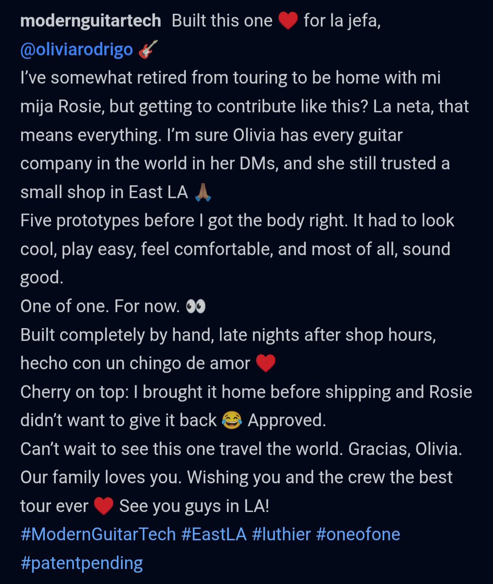 livlafluvguts's tweet photo. "I'm sure Olivia has every guitar company in the world in her DMs, and she still trusted a small shop in East LA 🙏🏽" https://t.co/VWLkU87vwD