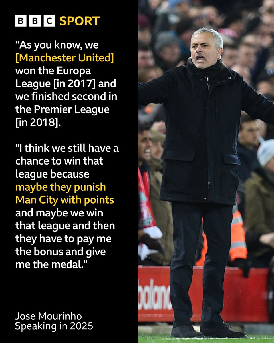 BBCMOTD's tweet photo. Jose Mourinho will be watching developments closely as BBC Sport understands Man City have been found guilty of the majority of the 115 financial breaches levelled against them. https://t.co/yZ4H7a9Mtg