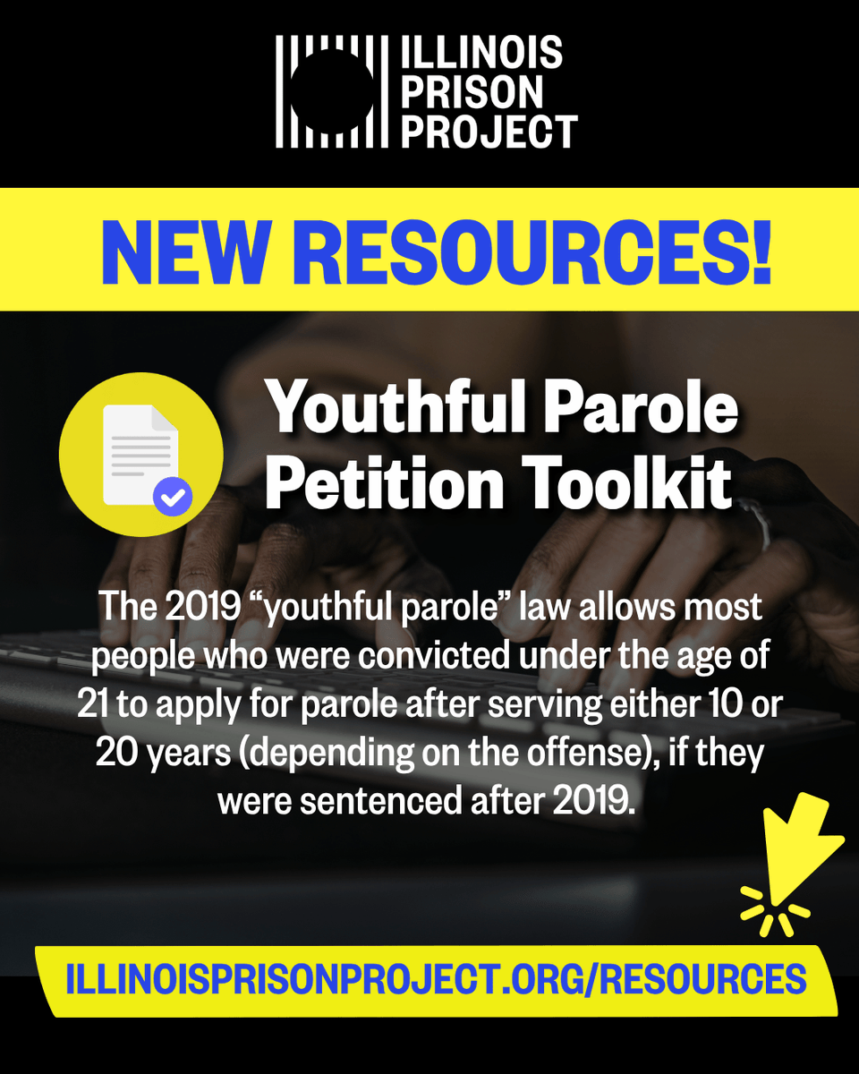 ILPrisonProject's tweet photo. 🚨New resources just dropped!
Youthful Parole is a law passed in 2019 that allows most people who were convicted under age of 21 to apply for parole after serving either 10 or 20 years (depending on offense), if they were sentenced after 2019. Learn more: https://t.co/2tCgV10IHk https://t.co/FWFhiaNCMt