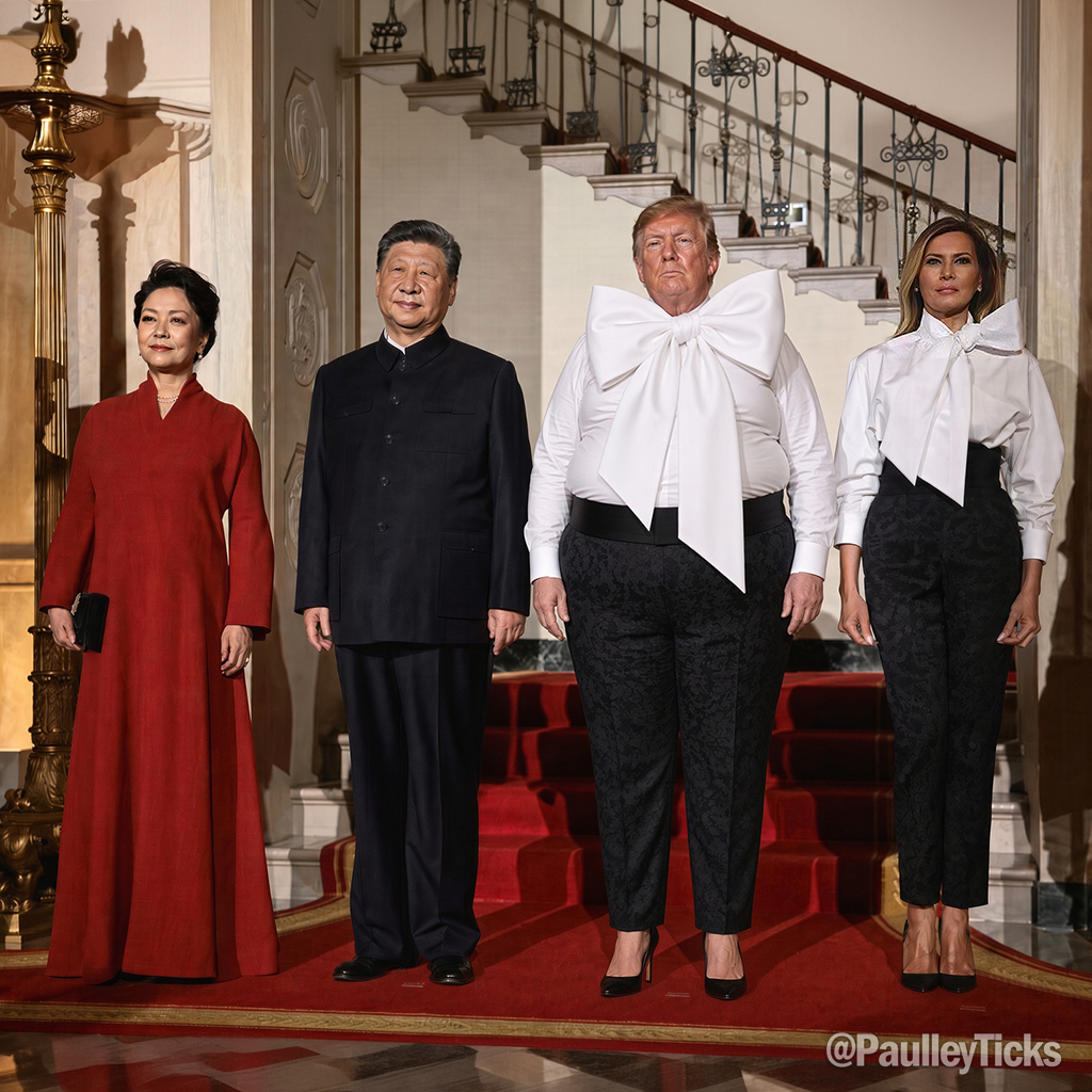 PaulleyTicks's tweet photo. While dining in the White House with Chinese President Xi Jinping, President Trump commits an international fashion faux pas. https://t.co/LeH53LnBsR