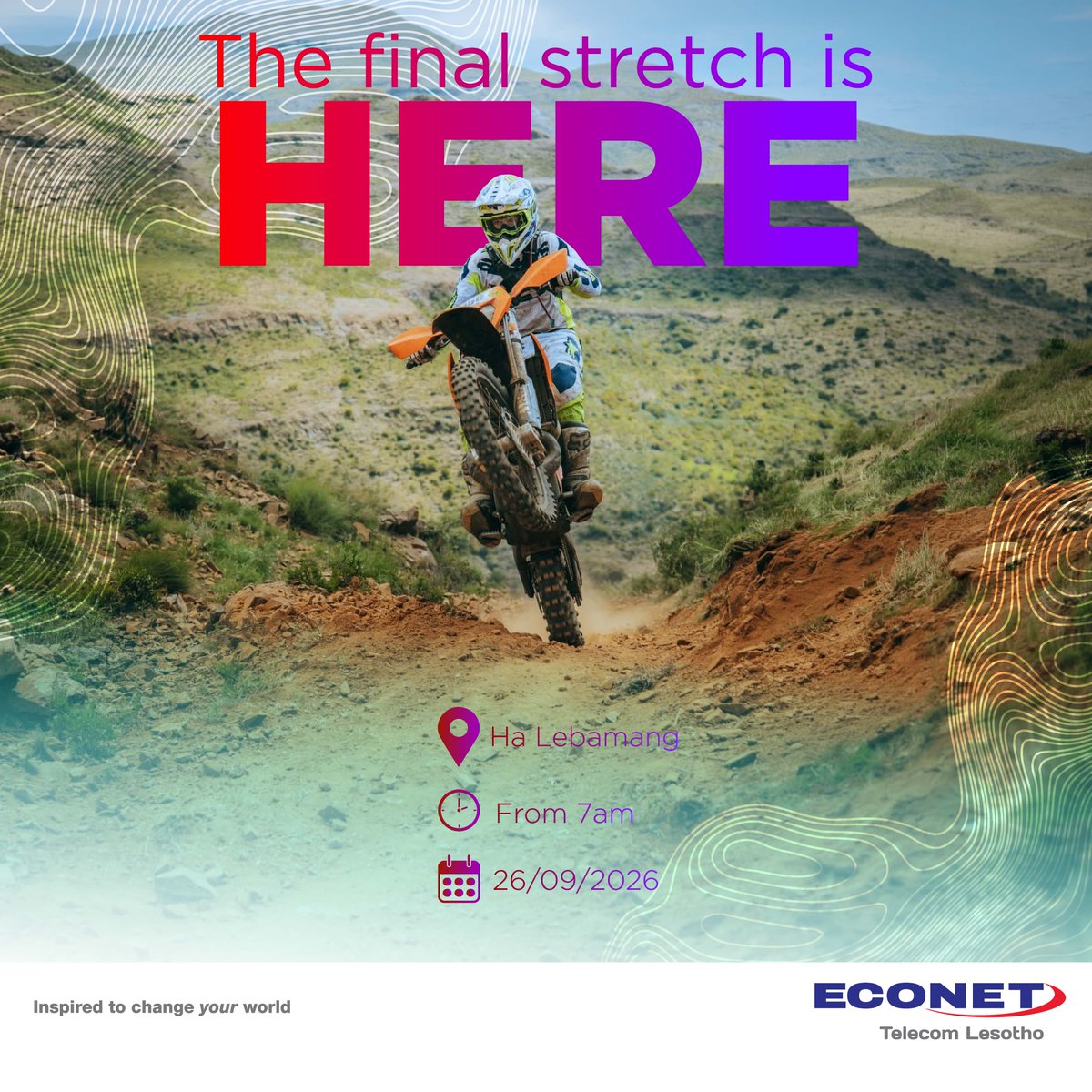 econetlesotho's tweet photo. The final stretch is here! 🏍️🔥

Bring the family, bring the vibes and join us at Ha Lebamang, Roma tomorrow from 7am for the final day of action.

FREE Entry, mountain views, adventure, unforgettable moments!
See you there!😉
#RoofOfAfrica2026 #Econet #MotherOfEnduro https://t.co/LzR1WkWMfP