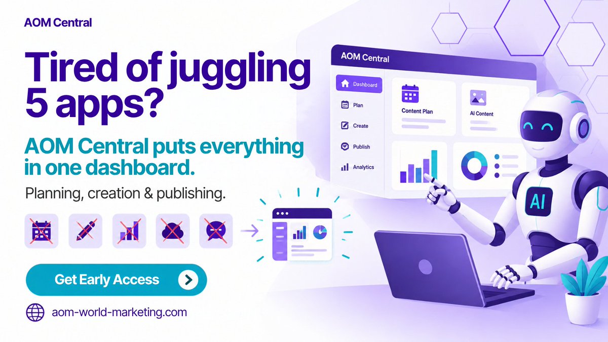 AomMarketing's tweet photo. Tired of juggling 5 apps for your marketing? 
AOM Central puts planning, creation and publishing in one dashboard. 
Get early access → https://t.co/gSJPaFx1mh
#AOMCentral #MarketingTools #OneDashboard #ContentPlanning https://t.co/LUk3LAGuLA
