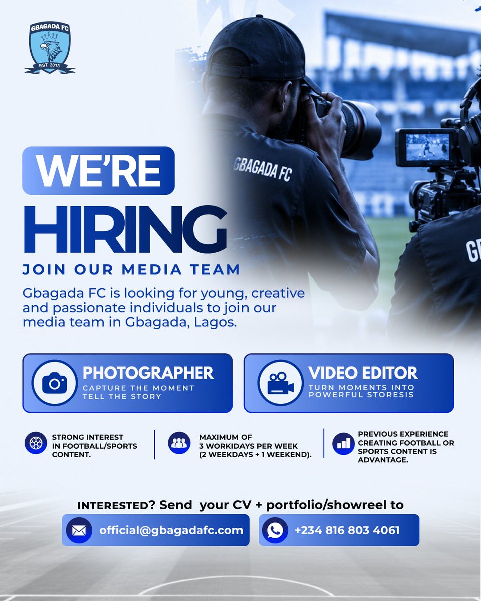 yeludanaijaToon's tweet photo. I’m looking for a young, creative Photographer and Video Editor interested in working in football. 📸🎥⚽

Based in Lagos. If interested, send your CV + portfolio/showreel to official@gbagadafc.com.

Please RT 🙏🏾 https://t.co/8NnLkbGf8t