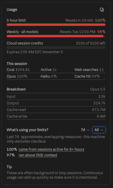 0hmslice's tweet photo. This is what the $20 @claudeai plan gets you while using Opus 5.5. I am blown away! Can anyone let me know if I upgrade to x5 do I get a usage reset? 😅 https://t.co/maP0lq1yYp