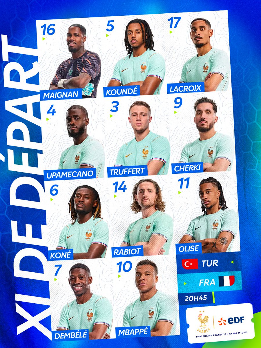 EDF_Foot's tweet photo. 𝗟𝗔 𝗖𝗢𝗠𝗣𝗢 📋

Voici les 1️⃣1️⃣ Bleus qui débuteront ce premier match de Ligue des nations face à la Turquie. 

Allez les Bleus 🇫🇷

#EDFFoot https://t.co/FiRT3yJDAx