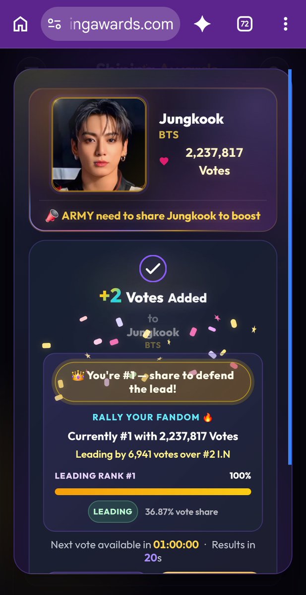 Mishusansei's tweet photo. Gap is small. Please keep voting hourly. Only 4 days left!🙏
🏆 Jungkook is #1 in Most Popular Kpop Maknae 2026 with 2,237,804 Votes and climbing! ARMY, smash that vote and RT to every fan NOW ⚡

https://t.co/gHrhWBxo28 https://t.co/j2XhmAFGFd