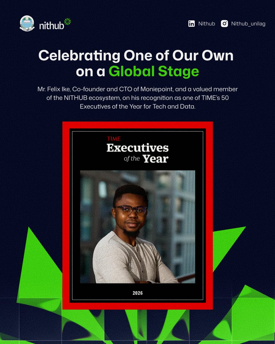 nithub_lag's tweet photo. We are proud to celebrate Mr. Felix Ike, Co-founder and CTO of Moniepoint, and a valued member of the NITHUB ecosystem, on his recognition as one of TIME’s 50 Executives of the Year for Tech and Data.

Here’s to more milestones, more impact and more innovation. https://t.co/2PGKRQ5nqw