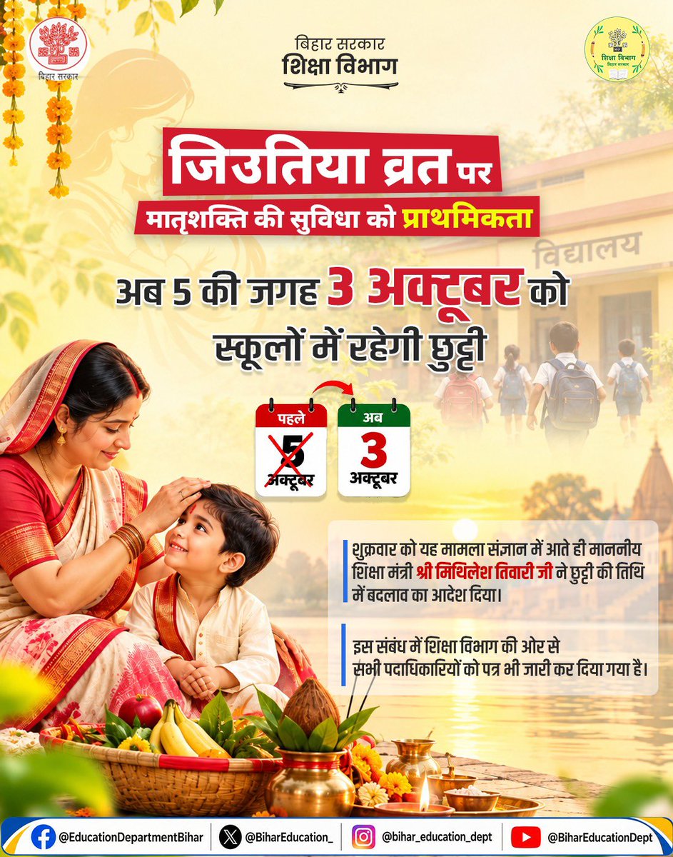 BiharEducation_'s tweet photo. माननीय शिक्षा मंत्री श्री मिथिलेश तिवारी जी द्वारा मातृशक्ति की भावना को सम्मान देते हुए जिउतिया व्रत की छुट्टी की तिथि में बदलाव कर अब 3 अक्टूबर को विद्यालयों में अवकाश का निर्णय लिया गया।
#BiharEducationDept https://t.co/WlRKWyWYgW