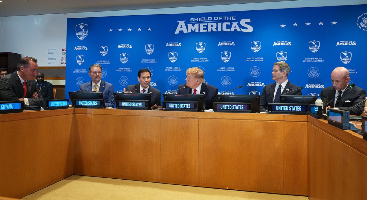 WHAAsstSecty's tweet photo. I leave #UNGA81 with one clear message: when America leads, our region thrives.  In the past 7 days we’ve advanced investment with Bolivia and Paraguay, united 15+ nations under the Shield of the Americas to take on dangerous foreign terrorist organizations, stood against the Cuban regime's exploitative labor practices, and launched the Argentina's Andes-Atlantic Corridor with @EximBankUS financing. As a dear friend in the region told me this past week, “one plus one is three.” -JPS
