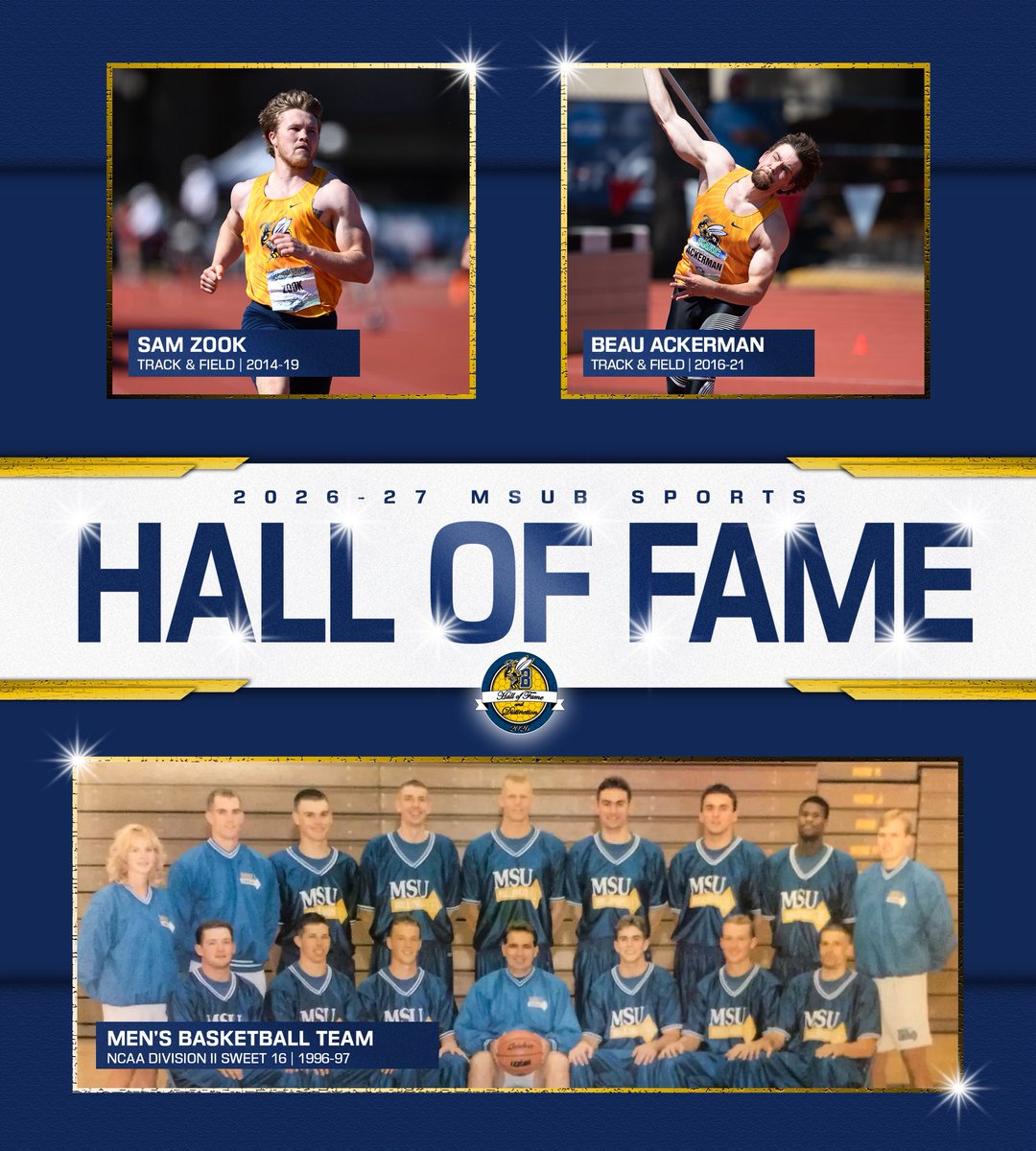 MSUBsports's tweet photo. 🏆2026-27 𝓜𝓢𝓤𝓑 𝓗𝓪𝓵𝓵 𝓸𝓯 𝓕𝓪𝓶𝓮🏆

Congratulations to Sam Zook, Beau Ackerman, and the 1996-97 men’s basketball team!

This class will be honored and inducted on Friday, February 19th at the Double Tree Hotel as well as between games on Saturday, February 20th. https://t.co/5oLN3PyLAs