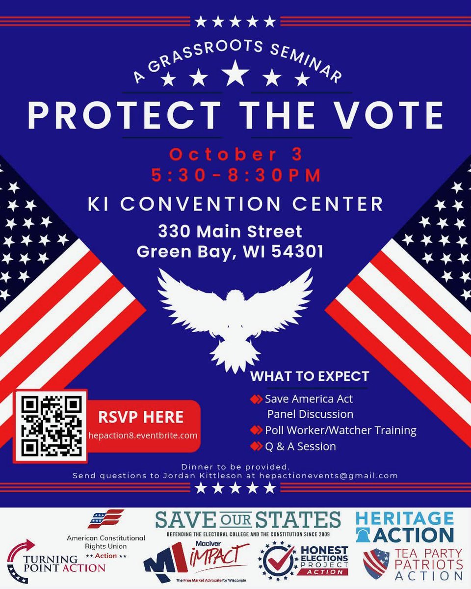 maciverimpact's tweet photo. Additionally, there is an opportunity to get involved up north on October 3rd in Green Bay!

Sign up for the "Protect the Vote" grassroots seminar and dinner, featuring a poll worker and watcher training, a panel discussion on the SAVE America Act, and a Q&amp;A session. https://t.co/neKTYmlOZW