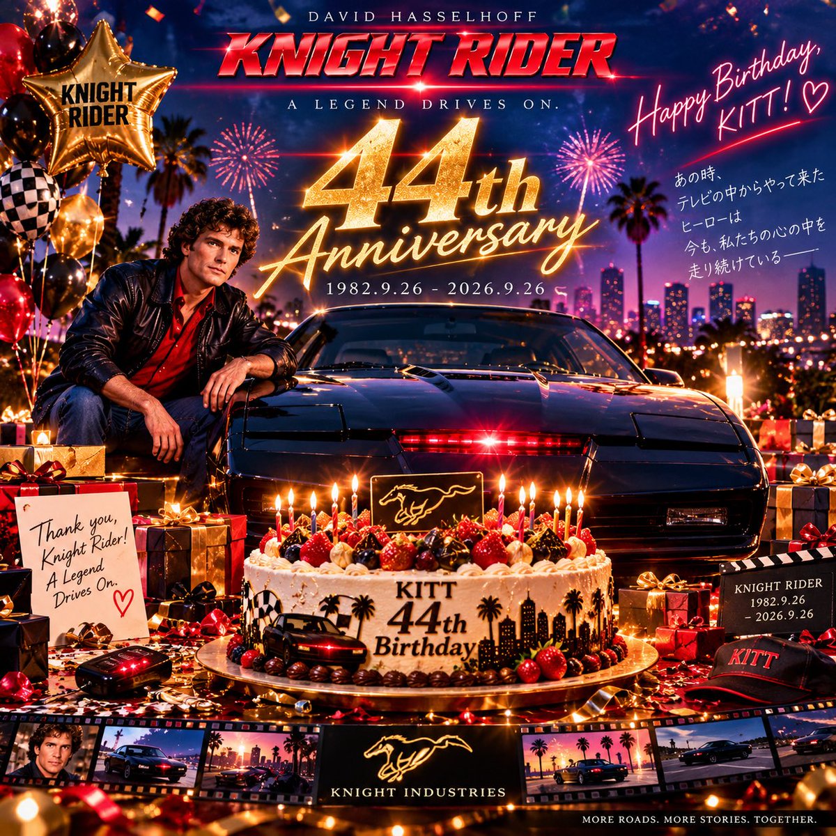 KnightIndJP's tweet photo. 🎂 HAPPY BIRTHDAY, KITT‼️ 🔴💕

1982年9月26日から、今日で44周年！

テレビの中を走っていた黒いヒーローが、44年後の日本で、こんなに盛大な誕生日パーティーを開いてもらってるんだぜ……！

しかもケーキの前に陣取るマイケル。🤣

KITT「マイケル。今日は私の誕生日です」

マイケル「分かってるって、相棒。さあ、ろうそくを吹き消せよ！」

KITT「……私にどうやって吹き消せと？」

オーナー、出番だ‼️🤣🎂

はいはい😅ふーっ💨（代理）

44周年、おめでとう。これからもたくさんの景色を見に行こうな、KITT。