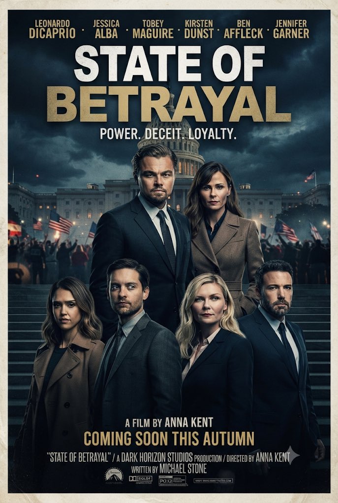 mbiz_101's tweet photo. #Ai #AiArt #Concept #Poster #StateOfBetrayal #LeonardoDiCaprio #JessicaAlba #TobeyMaguire #KristenDunst #BenAffleck #JenniferGarner #Power #Deceit #Loyalty https://t.co/FcPlVGI7UI