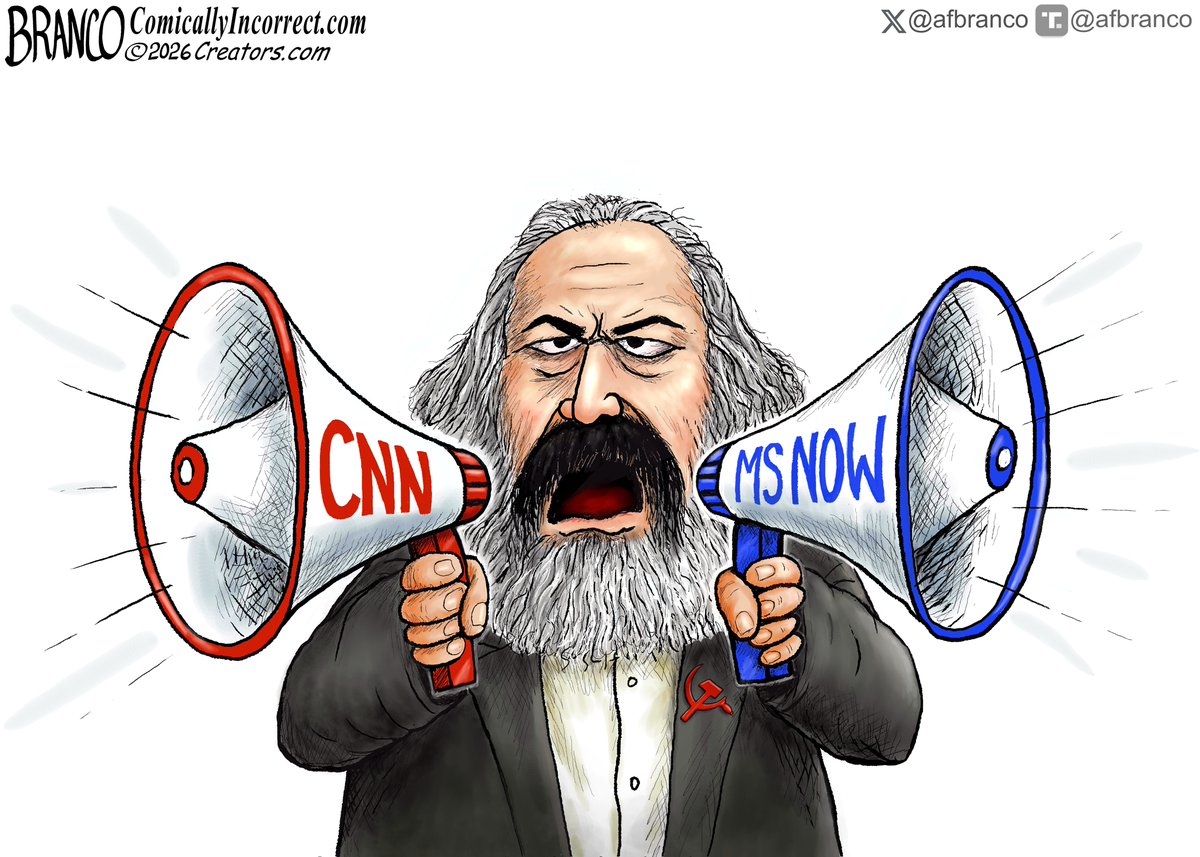 afbranco's tweet photo. A.F. Branco Cartoon – CNN and MSNOW have become the main bullhorns for the left’s propaganda machine, spewing out fake news. https://t.co/MjawfmpEZs https://t.co/XR42Bare4N