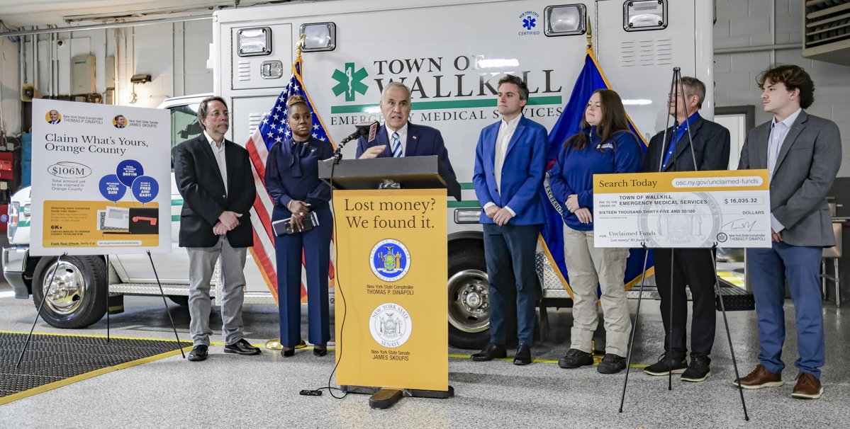 NYSComptroller's tweet photo. In Wallkill with Sen. @JamesSkoufis and local elected officials this week to announce that we returned over $16K in unclaimed funds to the Town of Wallkill Emergency Medical Services.

Search to see if we have money waiting for you: https://t.co/e3eT00ykek https://t.co/GGcrCJcKwm
