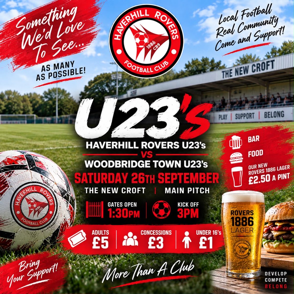 rovers23s's tweet photo. Next up 
Home game   

🆚 Woodbridge Town 
📆 26th September 
📍 The New Croft Main Pitch 
⏰ 15:00 Kick Off https://t.co/SqwNmacng0