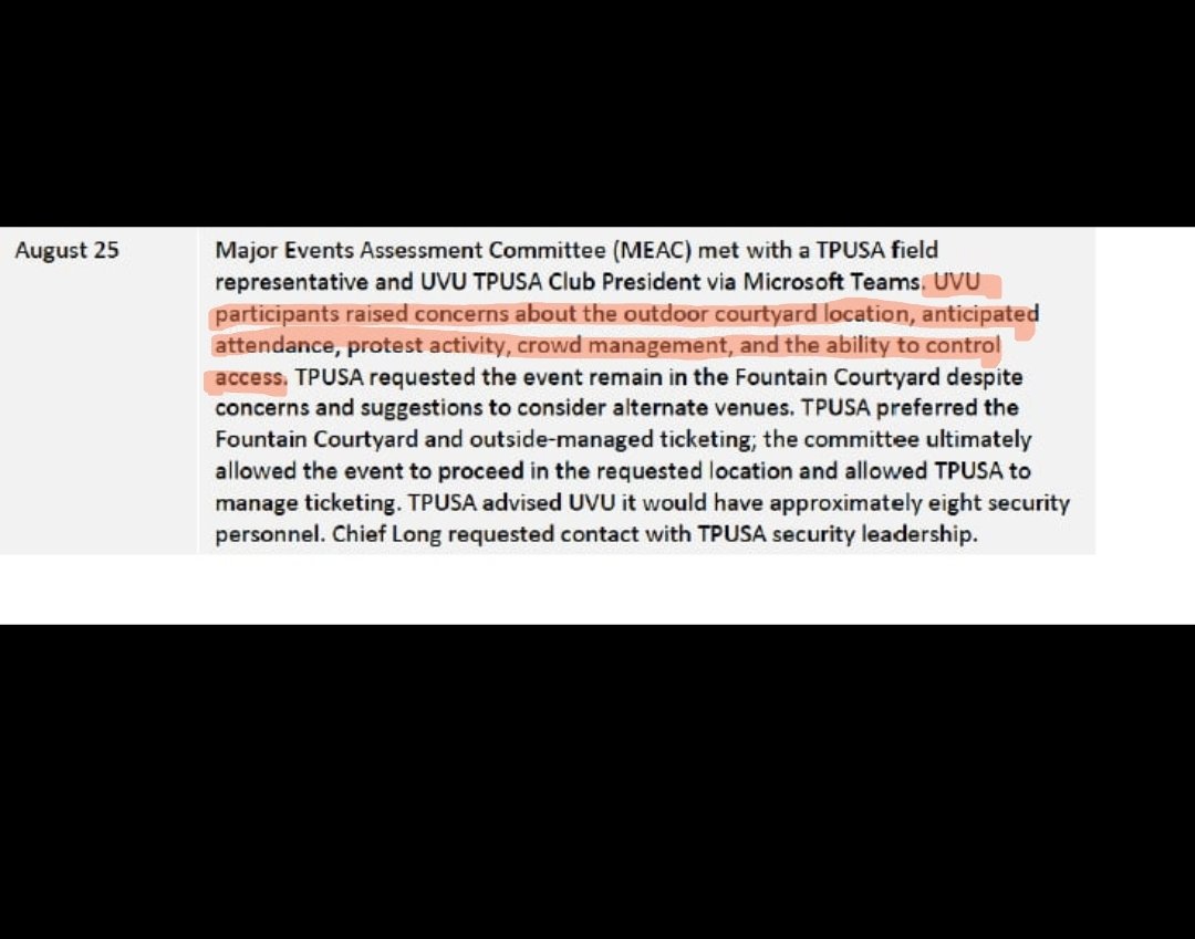 itsadahliadaze's tweet photo. UVU advised against 9/10 venue!!! 

After action report indicates @TPUSA was advised AGAINST having the 9/10 event in the courtyard; however, "TPUSA requested the event remain in the Fountain Courtyard despite concerns and suggestions to consider alternate venues." [See page 17 of 158]
