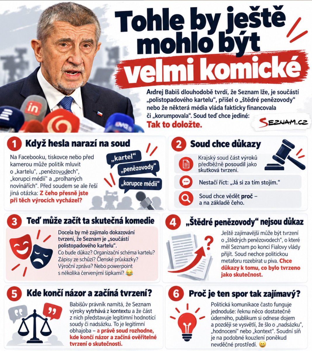 gisat's tweet photo. 😂 Tohle by ještě mohlo být velmi komické.

Andrej Babiš dlouhodobě tvrdí, že Seznam lže, že je součástí „polistopadového kartelu“, že přišel o „štědré penězovody“ nebo že vláda některá média fakticky financovala či „korumpovala“.

A teď přišel soud se zcela nepolitickou otázkou:

Tak to doložte.

To je na celé věci skoro nejzajímavější.

Na Facebooku, tiskovce nebo před televizní kamerou může politik naházet do prostoru „kartely“, „penězovody“, „korupci médií“ a „prolhané novináře“.

Před soudem ale některé takové výroky přestávají být marketingovým divadlem a začíná se řešit: Z čeho přesně jste při jejich vyslovení vycházel?

A právě tady může začít ta skutečná komedie. 😂

Krajský soud totiž část Babišových výroků předběžně posoudil jako skutková tvrzení, jejichž pravdivost má doložit důkazy.

Nestačí tedy jen: „Já si za tím stojím.“
Soud chce vědět proč. A na základě čeho.

Docela mě proto zajímá například dokazování tvrzení, že Seznam je „součástí polistopadového kartelu“.

Co bude důkaz? Organizační schéma kartelu? Zápisy ze schůzí? Členské průkazky? Výroční zpráva? Nebo powerpoint s několika červenými šipkami? 😂

Ještě zajímavější může být tvrzení o „štědrých penězovodech“, o které měl Seznam po konci Fialovy vlády přijít. Soud totiž nechce politickou metaforu rozebírat u piva. Chce důkazy k tomu, co Babiš tvrdil jako skutečnost. A to je úplně jiná disciplína než předvolební mítink.

Babišův právník namítá, že Seznam výroky vytrhává z kontextu a že část z nich představuje legitimní hodnotící soudy či nadsázku.
To je samozřejmě legitimní obhajoba a právě soud rozhodne, kde končí názor a začíná ověřitelné tvrzení o skutečnosti.

Jenže přesně proto je ten spor tak zajímavý. Politická komunikace často funguje na principu:

řeknu něco dostatečně úderného, publikum si z toho odnese dojem a později se případně vysvětlí, že to byla „nadsázka“, „hodnocení“ nebo „kontext“.

Soudní síň je na podobné kouzlení poněkud nevděčné prostředí. 😄

Takže si počkám na prosinec. Babiš tvrdil, že své výroky dokáže doložit. Soud mu teď dal prostor, aby to skutečně udělal. A právě to může být na celém sporu nejzábavnější: sledovat, jak se politická hesla mění v seznam důkazů. Jednání má pokračovat 10. prosince.