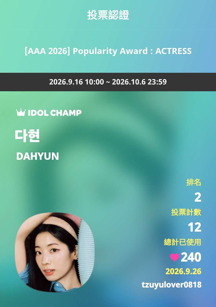 allfor__tzu's tweet photo. IDOLCHAMP 아이돌챔프
다현 DAHYUN 투표 완료🗳️
#IDOLCHAMP_AAA2026
#다현
#DAHYUN
https://t.co/WT9f4Zkdna https://t.co/eIfoIdDEcU
