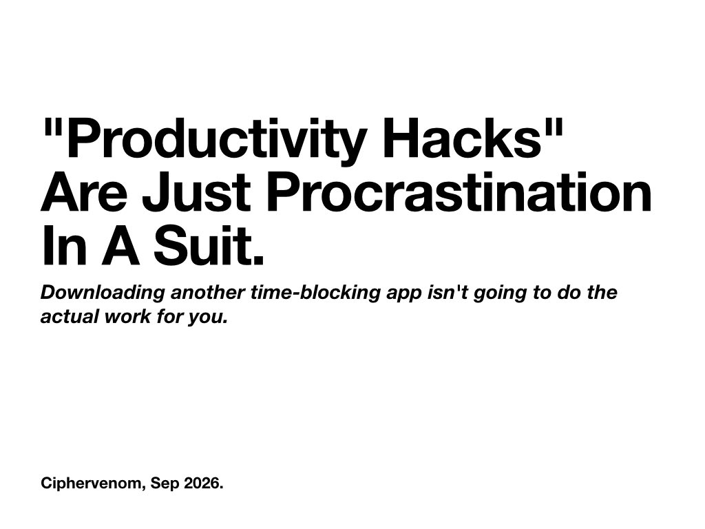 ciphervenom01's tweet photo. We spend hours watching the morning routines of billionaires and downloading complex Notion templates, desperately hoping to find a hack that makes hard work feel easy. It doesn't exist. Real execution is inherently boring, tedious, and filled with friction. The difference between an amateur and a professional isn't that the professional enjoys the process more; it’s that they have trained their brain to survive the boredom without quitting. Stop looking for a shortcut and start building your tolerance for monotony.
What boring task are you actively avoiding today? ⏳
#CIPHERVENOM #Discipline #ModernPhilosophy #Productivity #Mindset