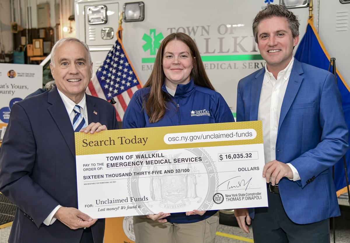 NYSComptroller's tweet photo. In Wallkill with Sen. @JamesSkoufis and local elected officials this week to announce that we returned over $16K in unclaimed funds to the Town of Wallkill Emergency Medical Services.

Search to see if we have money waiting for you: https://t.co/e3eT00ykek https://t.co/GGcrCJcKwm