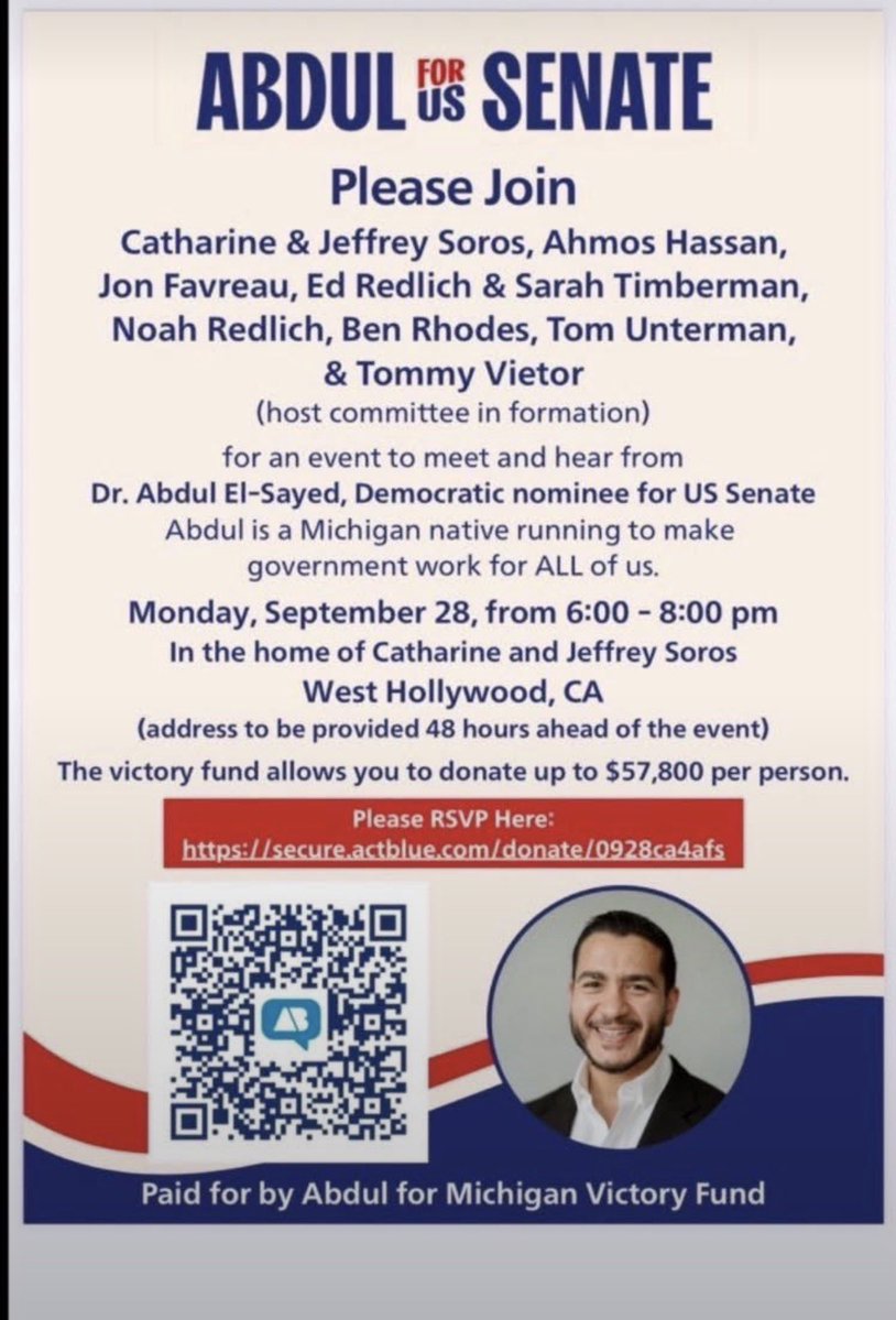 RaymonScannell's tweet photo. @BernieSanders Your friend El Sayed is meeting his friends this weekend: The Soros Family, Ben "Hamas" Rhodes, and ActBlue (under investigation for hiding foreign donations). https://t.co/aNm0Ttv4jW
