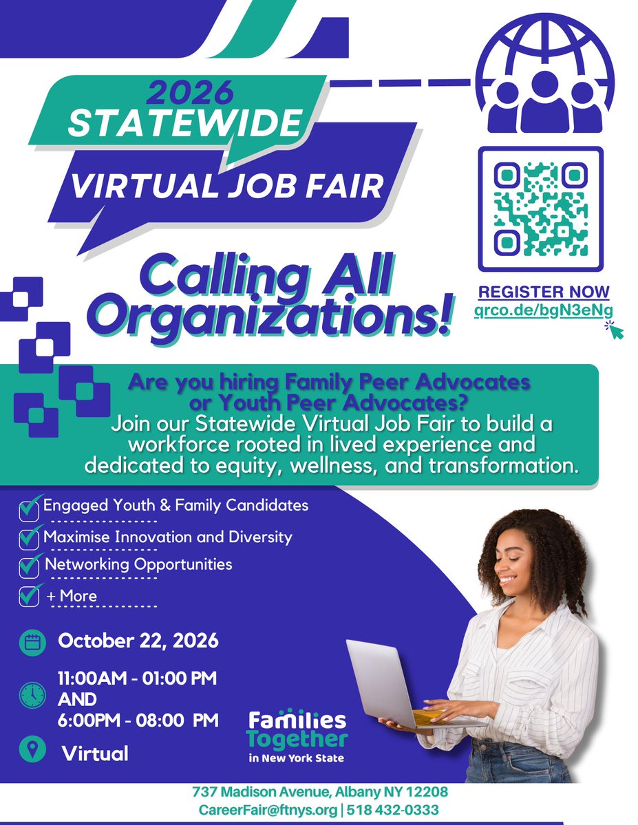 ftnys's tweet photo. ORGS: Registration closes TODAY!  Join the 2026 Statewide Virtual Job Fair on Oct. 22 to showcase your organization and connect with job seekers interested in Family &amp; Youth Peer Advocate roles.  11–1 &amp; 6–8 Register: https://t.co/JUY5f5xZD5 https://t.co/XKka2mw12B