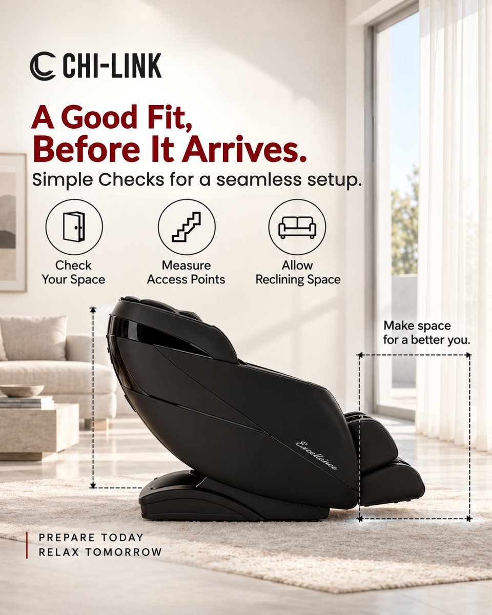 Chi_Link_MC's tweet photo. Your massage chair is on the way? A few quick checks before it arrives! Getting your home ready beforehand can make delivery and setup much easier.

✅ Measure your space
Make sure there’s enough room for the chair to recline comfortably. https://t.co/ljxws4ZwsN