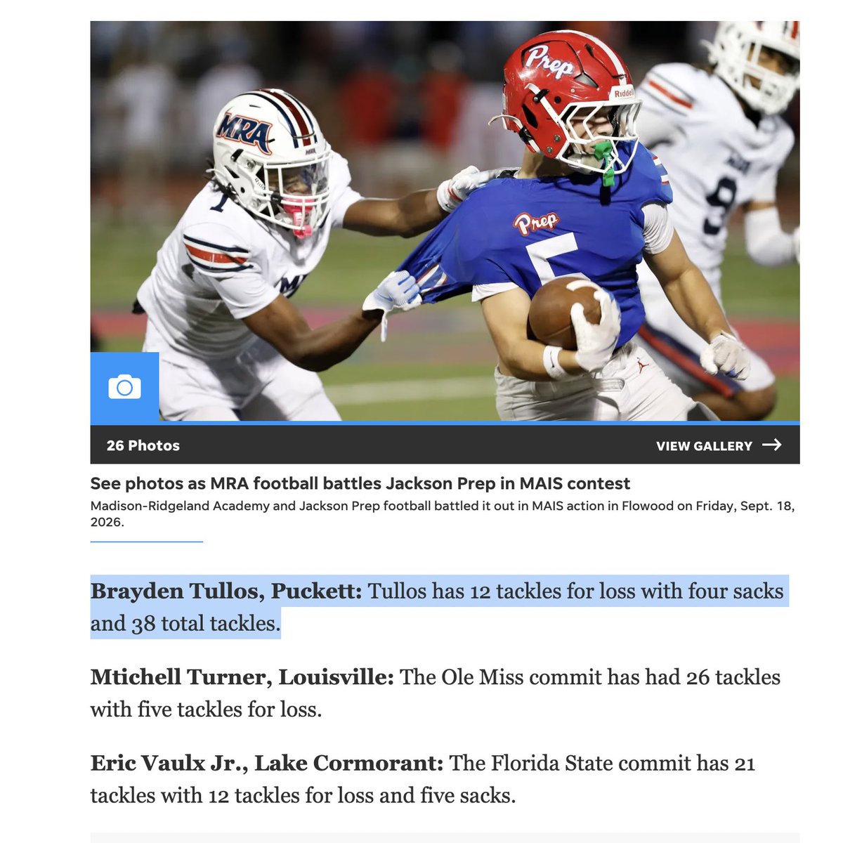 BrayTullos's tweet photo. Huge thanks to @MikeSChavez for noticing me as a top defensive player in Mississippi! @clarionledger https://t.co/GO6uiCROJK