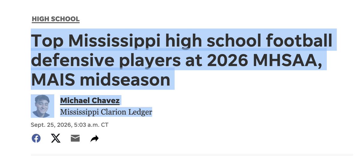 BrayTullos's tweet photo. Huge thanks to @MikeSChavez for noticing me as a top defensive player in Mississippi! @clarionledger https://t.co/GO6uiCROJK