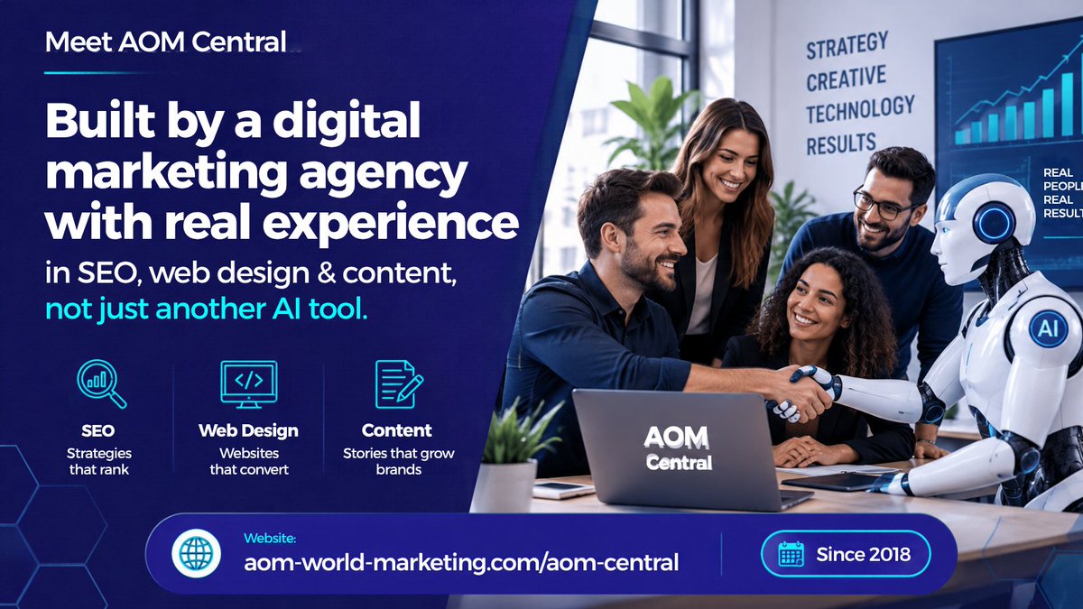 AomMarketing's tweet photo. Meet AOM Central. Built by a digital marketing agency with real experience in SEO, web design and content since 2018, not just another AI tool. 
https://t.co/gSJPaFwtwJ
 #AOMCentral #DigitalMarketingAgency #SEO #RealResults https://t.co/cc0MWhA809
