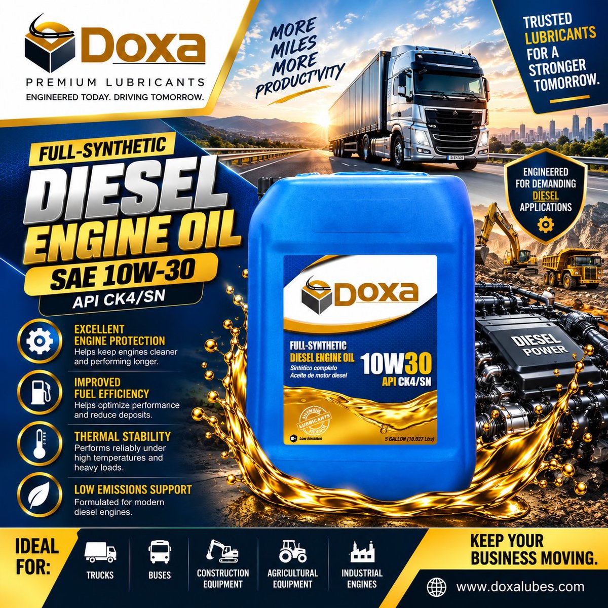 doxalubes's tweet photo. 🚛 More miles. More productivity.

DOXA Full-Synthetic Diesel Engine Oil SAE 10W-30 API CK-4/SN is designed for suitable diesel applications requiring reliable lubrication and engine protection.

https://t.co/Qv9FfJ47b6

#Doxa #DieselOil #10W30 #APIck4 #EngineOil https://t.co/EaqUJs0BKQ