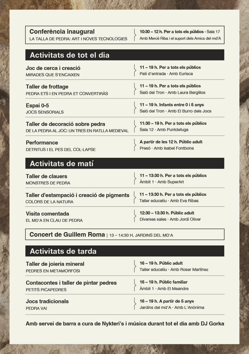 menutsGirona's tweet photo. 🎨 Famílies! Arriba la 5a edició d’Art-Acció!, una jornada per descobrir, tocar, experimentar i crear al voltant d’un material que ens acompanya des de fa milers d’anys: la pedra.

📅 26.9.26
⏰ D’11 a 19 h
📍 @MuseuArtGirona

🔗 https://t.co/rBFUWmvwdh

#menutsgirona #agenda https://t.co/r6iswpsbZA