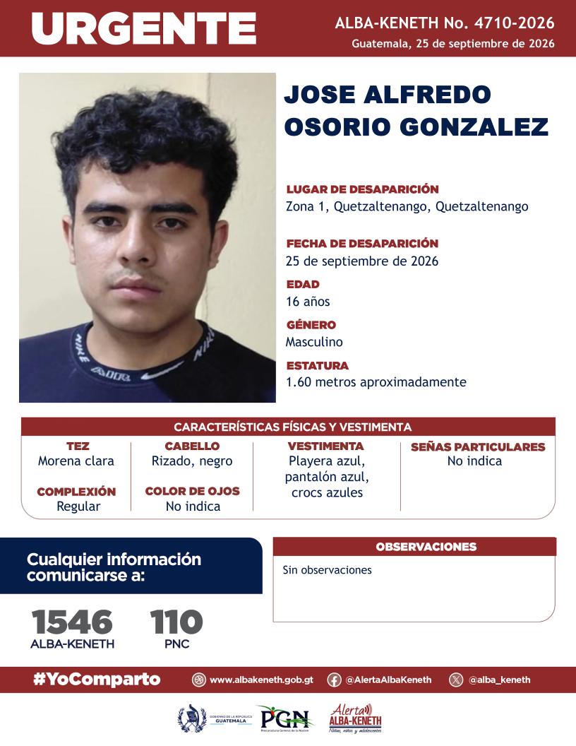 alba_keneth's tweet photo. #AlertaAlbaKeneth⚠️| Jose Alfredo Osorio Gonzalez de 16 años de edad. Desapareció el 25 de septiembre de 2026, en Zona 1, Quetzaltenango, Quetzaltenango.

🔁Comparte y ayúdanos con su localización.
📞Si tienes información llama al 1546. #YoComparto https://t.co/hXkNUbXwpP