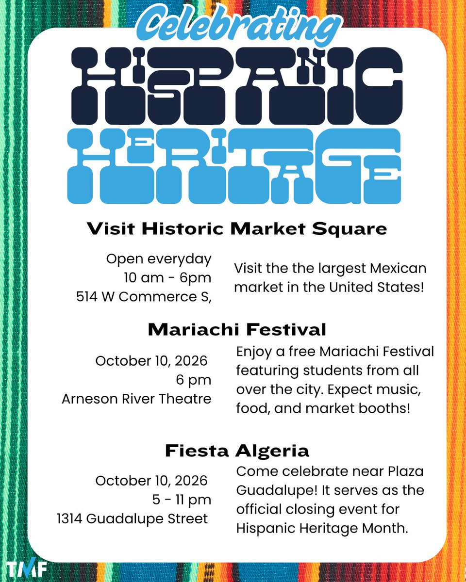 TMFtx's tweet photo. Happy Hispanic Heritage Month! 
I’m celebrating with a playlist of my favorite tunes! 🎶 Swipe to find some upcoming events in San Antonio.  

 You can listen on Spotify at https://t.co/Uq6Z1GfjRO and on YouTube at https://t.co/qzpxnz8uMh https://t.co/u0zNOYxylJ