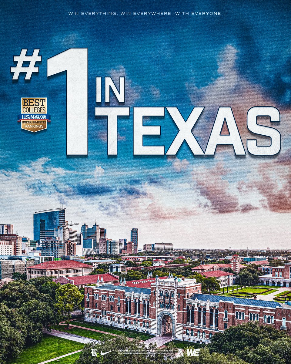 RiceFootball's tweet photo. On the Rise 📈

Rice University is ranked No. 1 among universities in Texas and No. 16 among national universities in the 2027 U.S. News &amp; World Report Best Colleges rankings‼️

#WE | #ReptheR https://t.co/mctWpkr6Gz