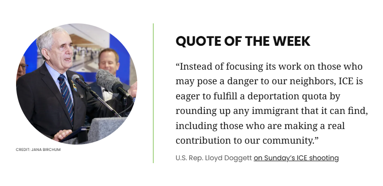 A quote graphic with a circular photo of a man speaking at microphones on the left and a large quotation with attribution on the right, separated by a thin green line.