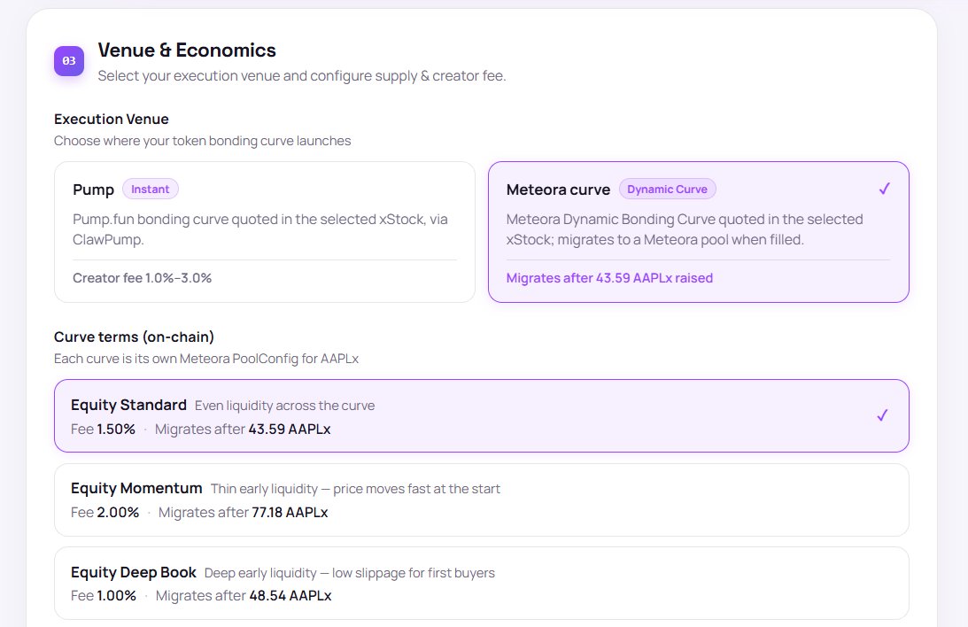 joinopenstock's tweet photo. the part I'm most excited about is launching

when you launch on OpenStock, your token trades against a STOCK, not SOL. Buyers pay in solana:4aG547Y9PPAgpd8dQEMn8n87oVtFYPAP6vhqEYDHmoon, and creator fees are paid in NVIDIA too

You can launch on https://t.co/3DLF7oSqsV through @clawpumptech, or on @MeteoraAG's Dynamic Bonding Curve

for Meteora I deployed our own configs on mainnet, three curves per stock:

> standard: 1.5% fee, even liquidity 
> momentum: 2% fee, faster early price moves 
> deep Book: 1% fee, deeper liquidity for early buyers

every fee and graduation number on that screen is read straight from the chain. when a curve fills, it moves into a Meteora DAMM v2 pool and the liquidity is locked