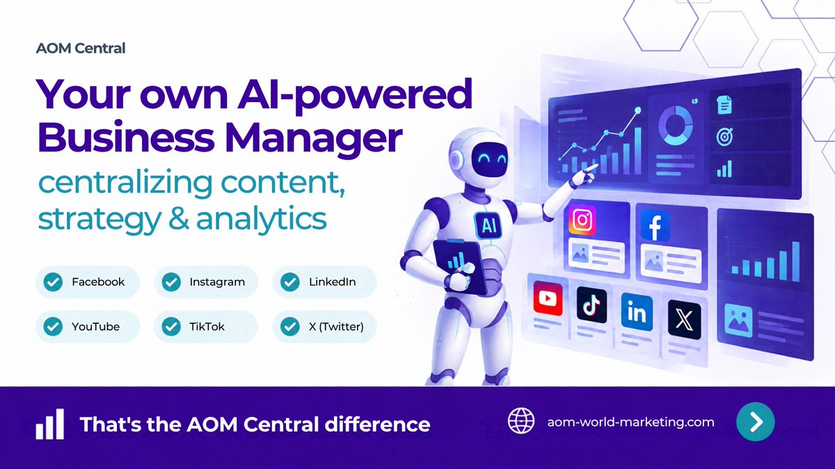 AomMarketing's tweet photo. Your own AI powered Business Manager, centralizing content, strategy and analytics across Facebook, Instagram, LinkedIn, YouTube, TikTok and X. 
That's the AOM Central difference : https://t.co/gSJPaFwtwJ
#AOMCentral #AIBusinessManager #SocialMediaStrategy https://t.co/NLCWY5ajxy